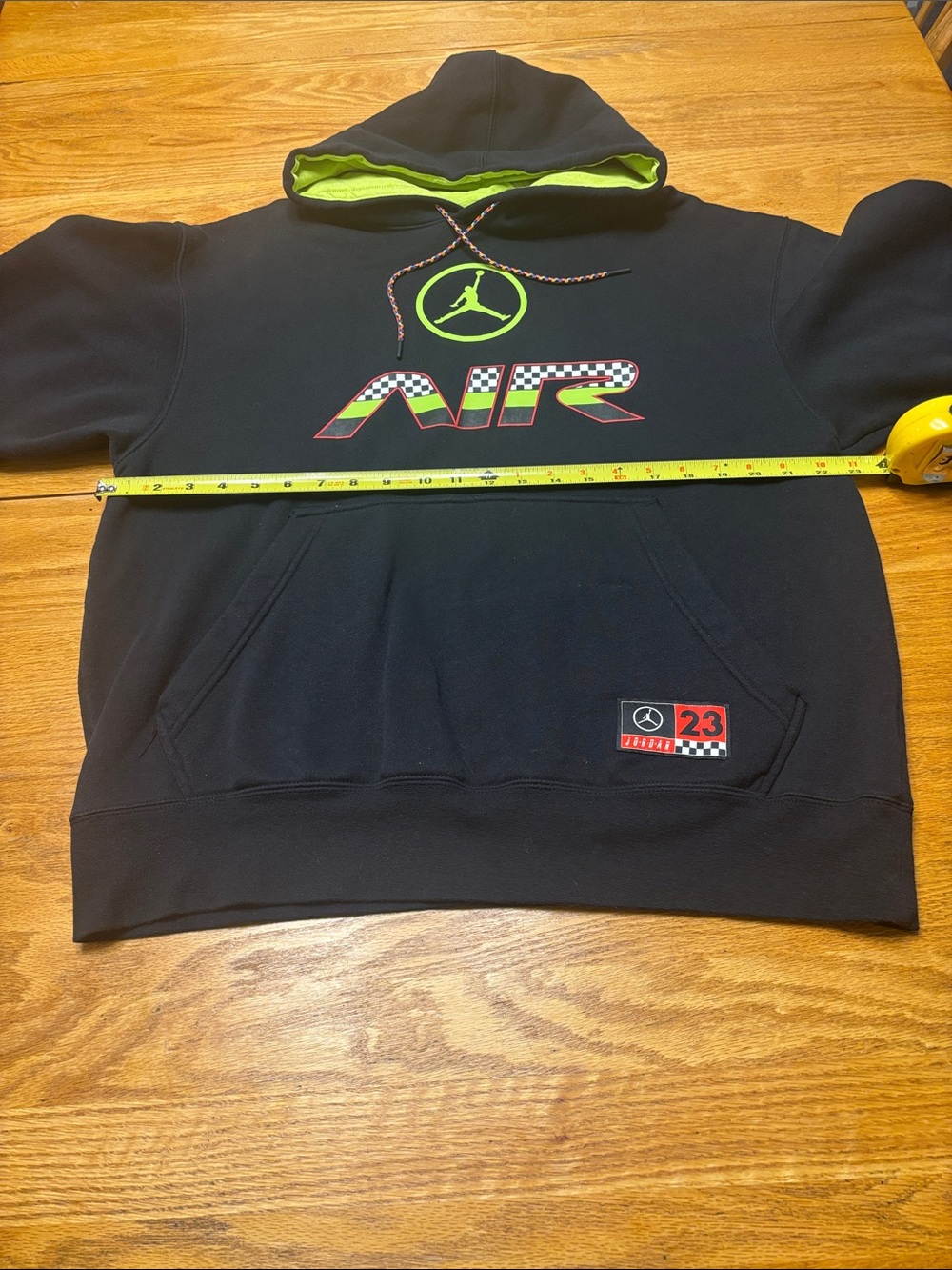 Jordan Men's Black Large Hoodie with Neon Lime Lining and Multicolor AIR Graphic - Picture 9 of 9